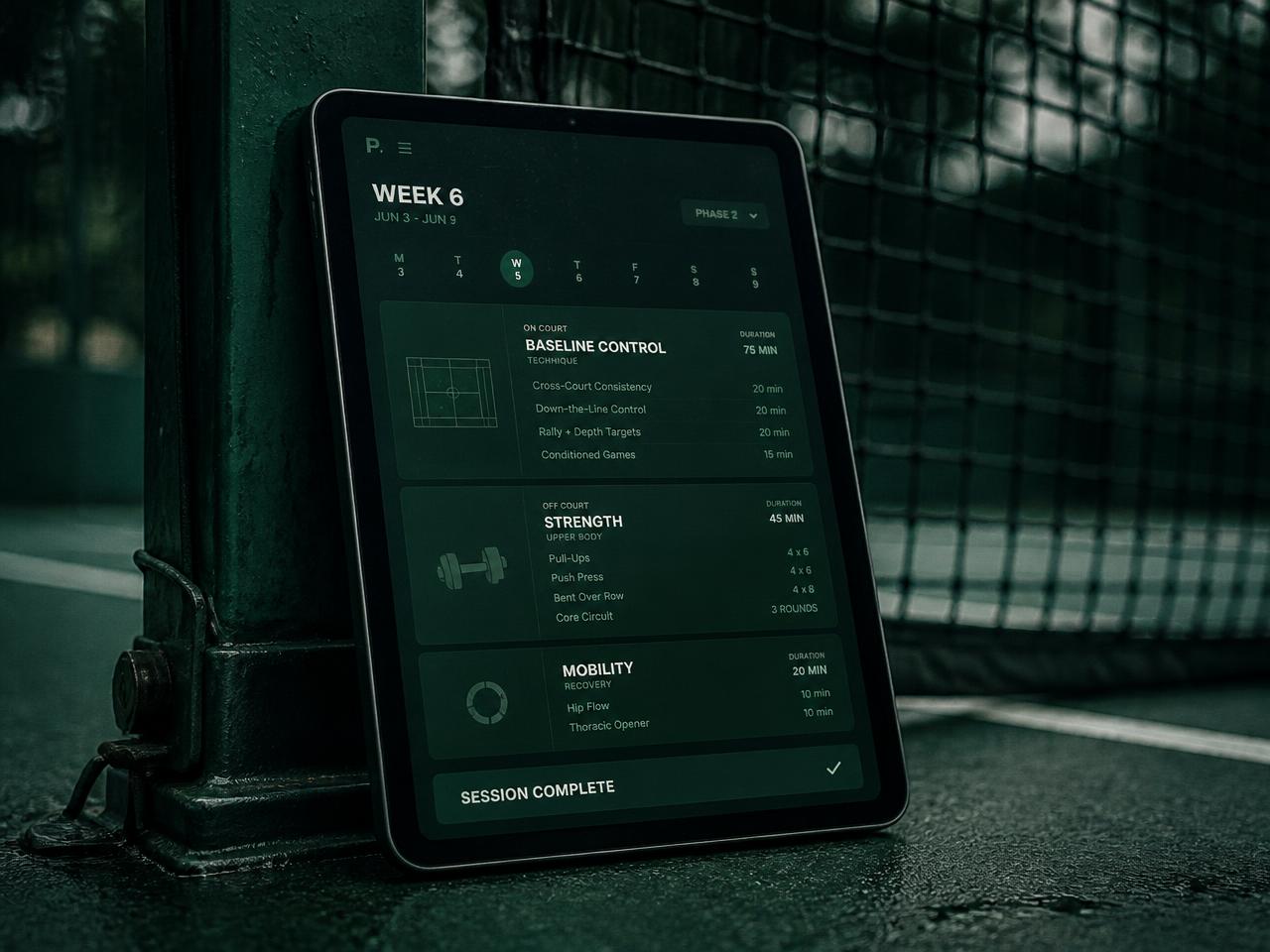 Tablet apoiado na quadra exibindo o plano de treino